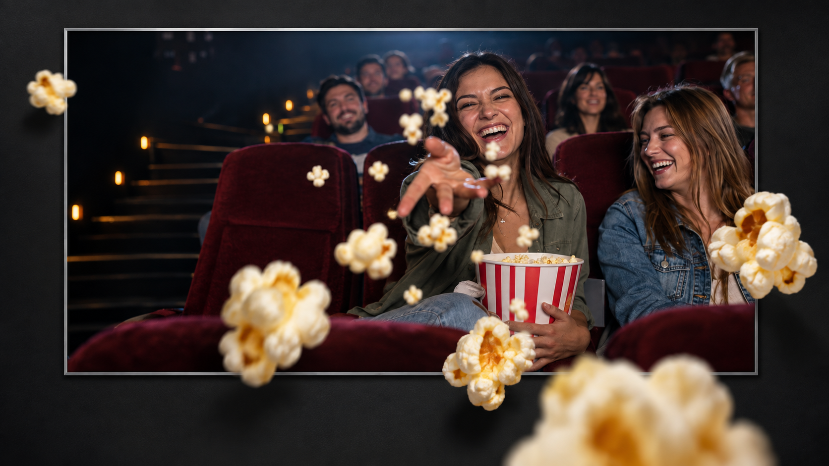 A laughing woman throws popcorn out of a cinema screen toward the viewer